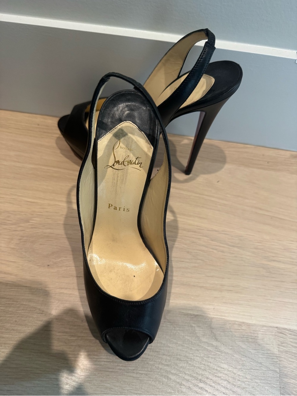 Christian Louboutin Black Leather Peep-Toe Platform Sandals - Picture 3 of 4